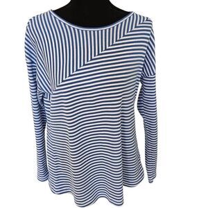 T By Talbots Womens Striped Cotton Blend Ribbed Knit Tee Blue White Small